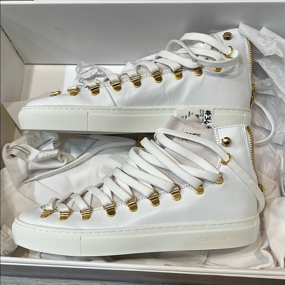 SWEAR White and Gold High-Top Sneakers